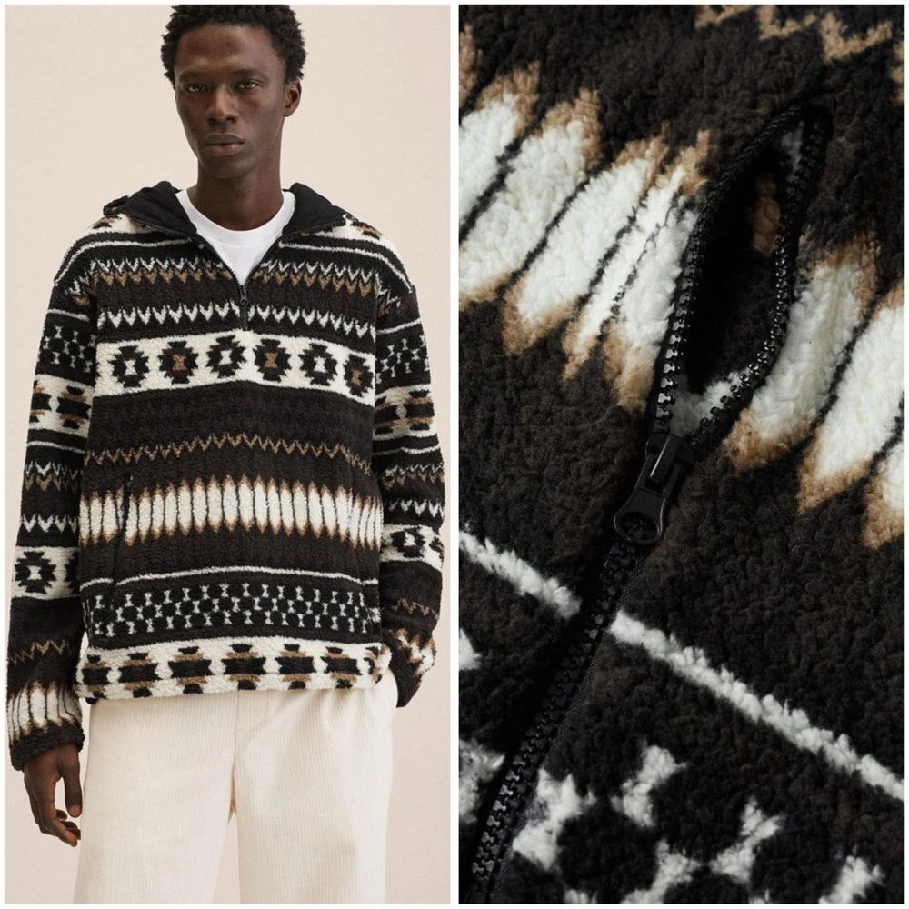 Mango Men XL Hooded Fleece Jacket Aztec Nordic Print Half Zip